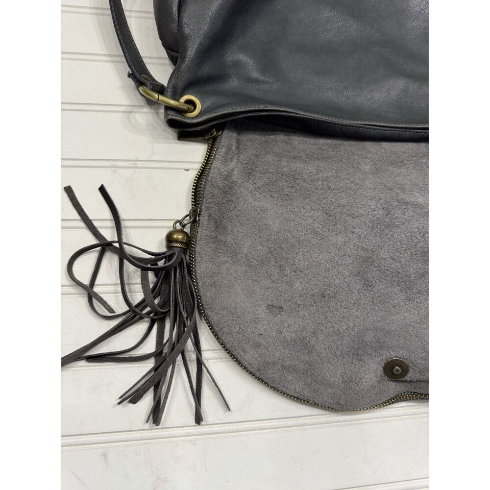 Unbranded Fold Over Zip Made In Italy Leather CrossBody Shoulder Bag Tassel Gray - Picture 2 of 5